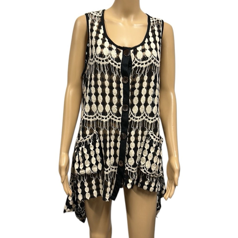 Kaktus Crochet Knit Black White Asymmetrical Button Up Cardigan Vest Large